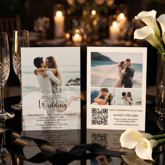 Modern Script 4 Photo QR Code RSVP Wedding  Kaart