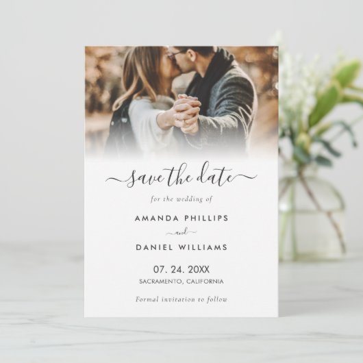 Modern script 4 Photo Wedding Save the Date Cards Aankondiging (Staand voorkant)