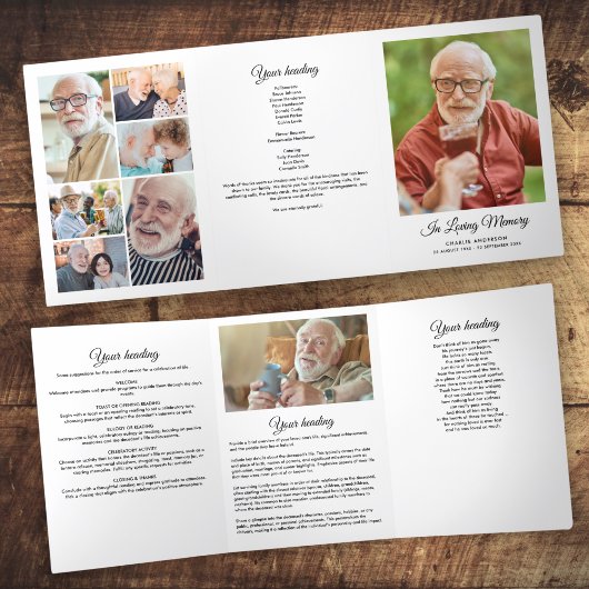 Modern Script 8-Foto Drievoudig Uitvaartprogramma Drieluik Programma