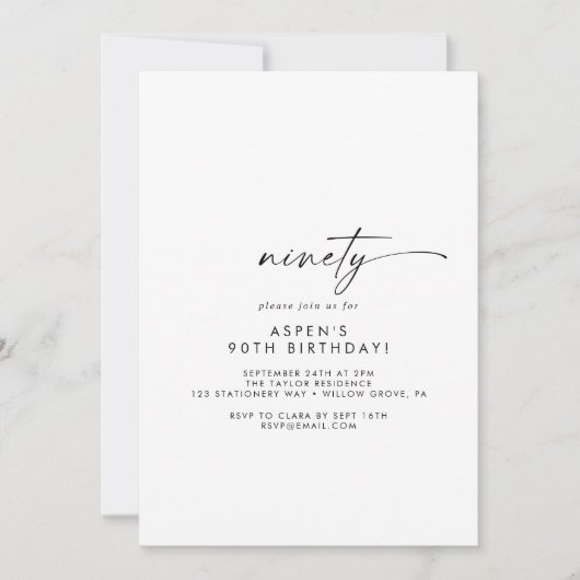Modern Script 90th Birthday Party Invitation (Devant)