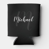 Modern script, aangepast monogram en naam zwart blikjeskoeler (Voorkant)