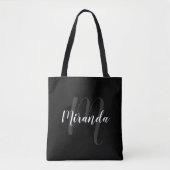 Modern script, aangepast monogram en naam zwart draagtas (Voorkant)