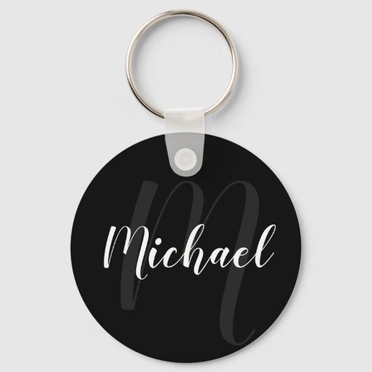 Modern script, aangepast monogram en naam zwart sleutelhanger (Voorkant)