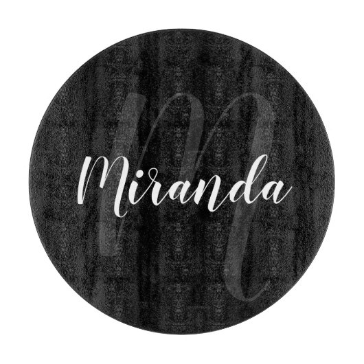 Modern script, aangepast monogram en naam zwart snijplank (Voorkant)