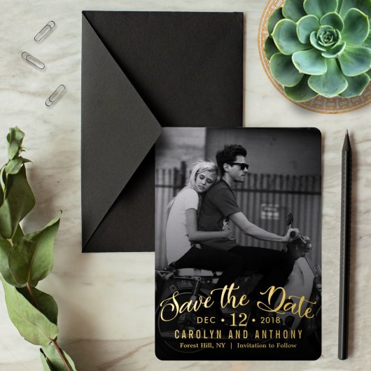 Modern Script | Aangepaste foto Save The Date Folie Uitnodiging