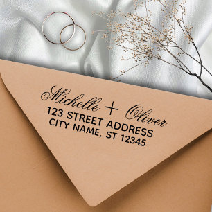 Modern Script Aangepaste Namen Trouwpaar Adres Rubberstempel