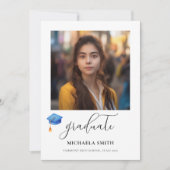 Modern Script Afstuderen Foto Blauw Afstudeerdop Aankondiging (Voorkant)