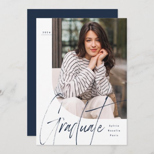 Modern script afstuderen navy één foto afstuderen kaart (Voorkant / Achterkant)