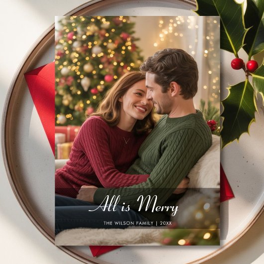 Modern Script All Is Bright Couple Christmas Card Feestdagenkaart