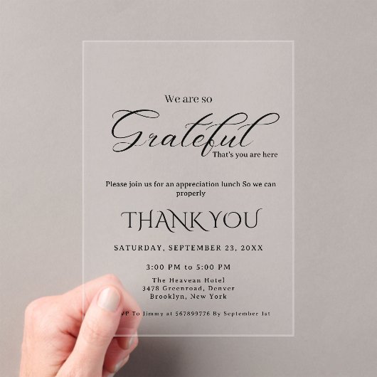 Modern script appreciatie feest, dankbaar feest acryl uitnodigingen (Insitu (Draagbaar))