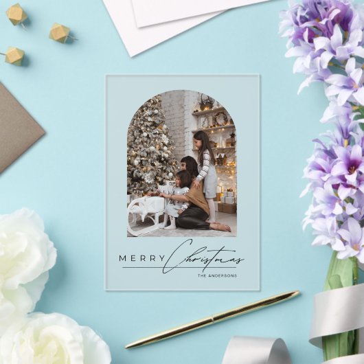 Modern Script Arch Family Photo Christmas Card Acryl Uitnodigingen (Insitu (Huwelijk))