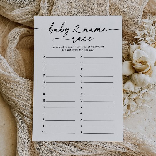 Modern Script Baby Naam Race Baby shower Game Kaart