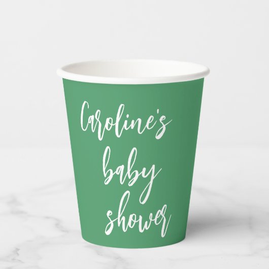 Modern Script Baby shower Custom Kelly Green Papieren Bekers (Voorkant)