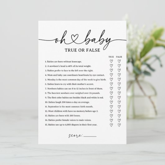 Modern Script Baby shower True of False Game Kaart (Staand voorkant)