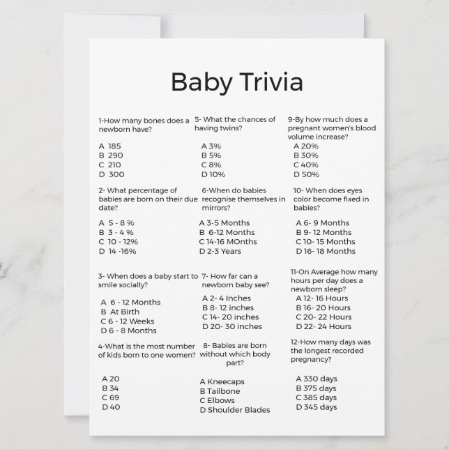 Modern script baby trivia spel baby shower spel (Voorkant)