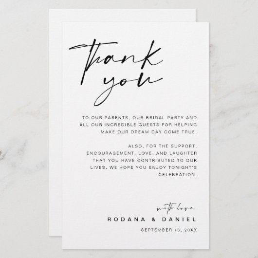 Modern script bedankt je bruiloft-ontvangstkaart (Voorkant / Achterkant)