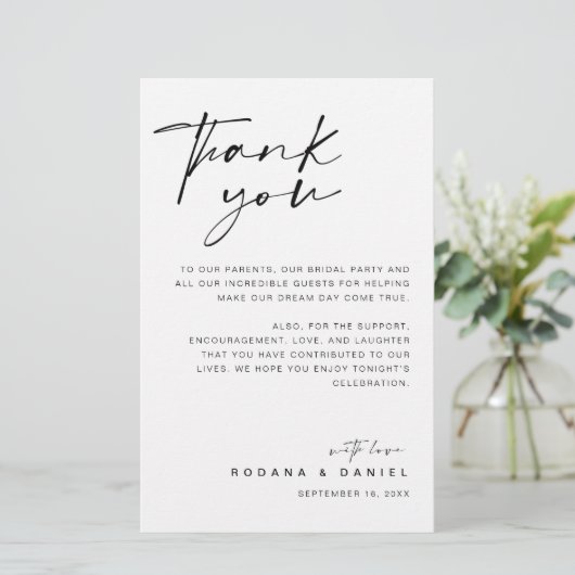 Modern script bedankt je bruiloft-ontvangstkaart (Staand voorkant)