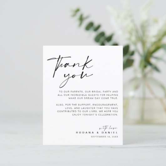 Modern script bedankt je bruiloft-ontvangstkaart (Staand voorkant)