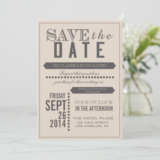 Modern Script Beige & Grey Bewaar de datum Save The Date (Staand voorkant)