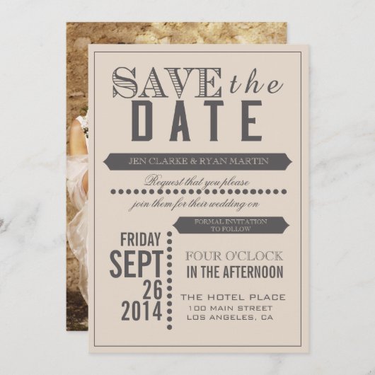 Modern Script Beige & Grey Bewaar de datum Save The Date (Voorkant / Achterkant)