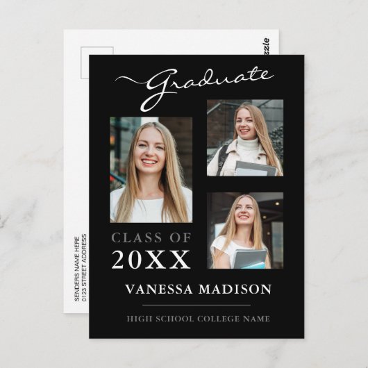 Modern Script Black Afstuderen kondiging Briefkaart (Voorkant / Achterkant)