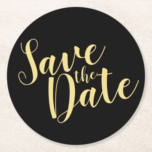 Modern Script Black and Gold Wedding Save the Date Ronde Kartonnen Onderzetter (Voorkant)