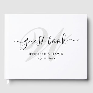 Modern Script Black and White Monogram Weddenschap Gastenboek