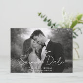 Modern Script Black and White Photo Save the Date (Staand voorkant)