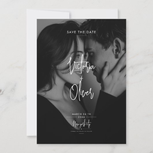 Modern Script Black Editorial Photo Save the Date (Devant)