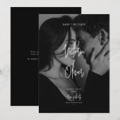 Modern Script Black Editorial Photo Save the Date (Devant / Derrière)
