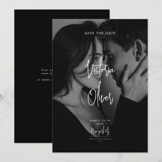 Modern Script Black Editorial Photo Save the Date (Devant / Derrière)