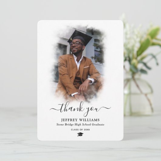 Modern Script Black en White Photo Afstuderen Bedankkaart (Staand voorkant)