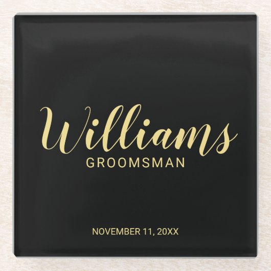 Modern Script Black&Gold Gepersonaliseerde Groomsm Glazen Onderzetter (Voorkant)