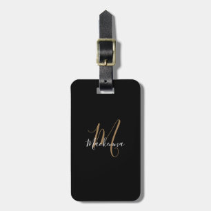 Modern Script Black Gold Monogram Naam Stijlvol Bagagelabel