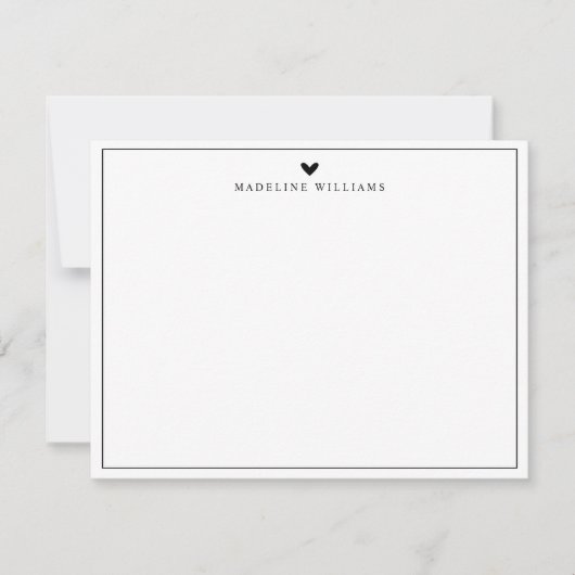 Modern Script Black Heart Border Monogram Notitiekaartje (Voorkant)