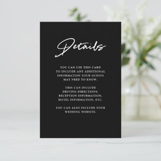 Modern script | Black Wedding Details Informatiekaartje (Staand voorkant)