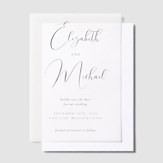Modern Script Black Wedding Overlay Vellum Uitnodigingen (Offset)
