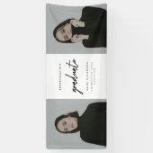 Modern Script Black White 2-Photo Graduation Party Spandoek (Verticaal)