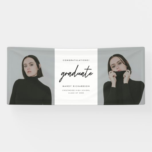 Modern Script Black White 2-Photo Graduation Party Spandoek (Horizontaal)