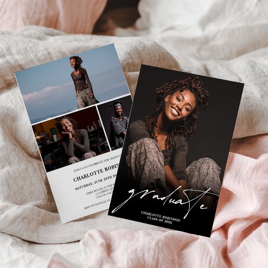 Modern Script Black White 4 Photo Graduation Kaart