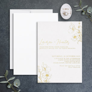 Modern Script Black White Floral Wedding Gold Folie Uitnodiging