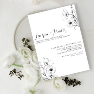 Modern Script Black White Floral Wedding Kaart