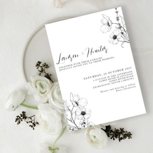 Modern Script Black White Floral Wedding Kaart