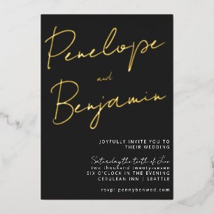Modern Script Black White Gold Elegant Wedding Folie Uitnodiging