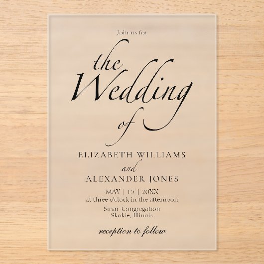 Modern Script Black & White Wedding Acryl Uitnodigingen (Voorkant)