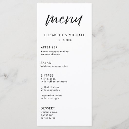 Modern Script Black & White Wedding Reception Menu (Voorkant)