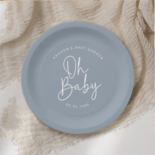 Modern Script Blauw Oh Baby Eenvoudig Baby shower Papieren Bordje