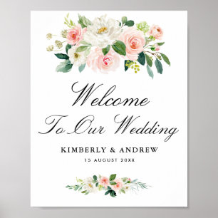 modern script bloush floral bruiloft welkomstbord poster