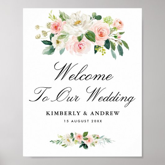 modern script bloush floral bruiloft welkomstbord poster (Voorkant)