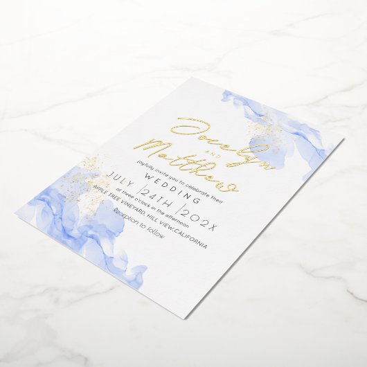 Modern Script blu Marmeren Waterverf bruiloft Folie Uitnodiging (Gedraaid)